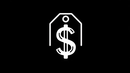 Fototapeta premium Minimalist white icon depicting a dollar sign centered inside a price tag silhouette against a solid black background representing finance concepts.