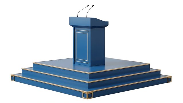 A blue podium with microphones on a stage on transparent background