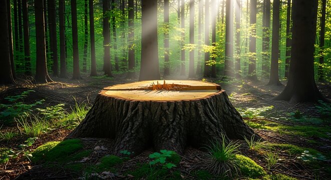 Sunlight creating light rays over a tree stump in forest