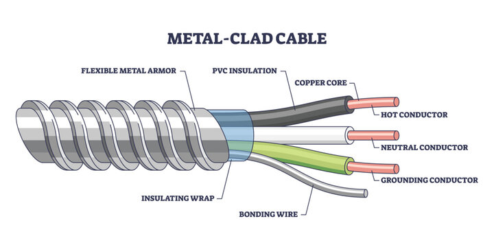 Metal-clad cable diagram clarifies flexible armor, copper conductors, and bonding wire, depicting hot, neutral, and ground paths for safe wiring layout. Outline diagram