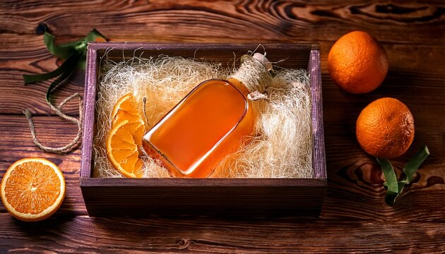 Orangenlik&ouml;r in Geschenkbox mit Holzwolle