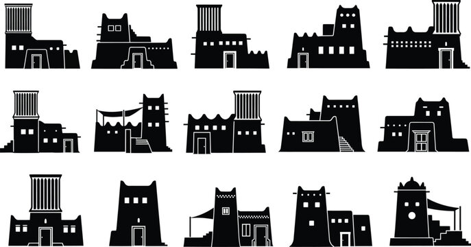 Set of Traditional Arabic Houses with Windcatchers and Domes - Black Silhouette Vector Icons