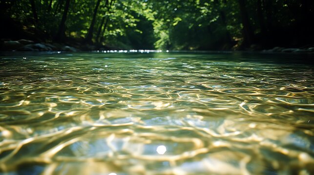 Crystal Clear Water Surface in a Lush Green Forest Stream on a Sunny Day.