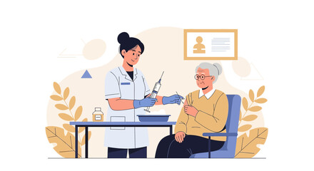 Fototapeta premium Nurse administering vaccine to elderly woman, healthcare illustration