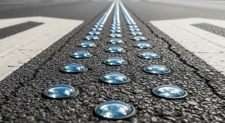 Fototapeta premium Road Marking Lens Reflectors Illuminate Asphalt: A Detailed Perspective Showing Lines