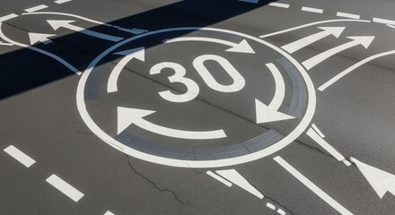 Road Marking Indicating Speed Limit and Direction with Arrows on Asphalt Surface