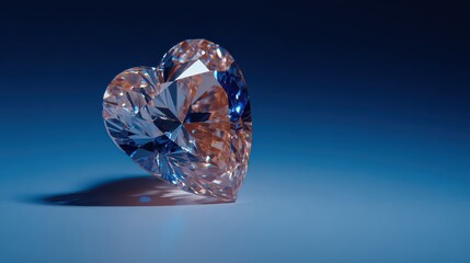Heart Shaped Diamond Gemstone on Blue Surface with Shimmering Reflections in Dramatic Lighting