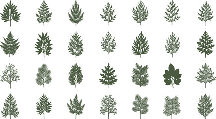 Collection of diverse green tree silhouettes on white © Mofajjol