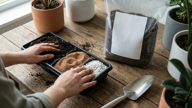 Gardener preparing a custom soil mixture with perlite and sand for planting houseplants.