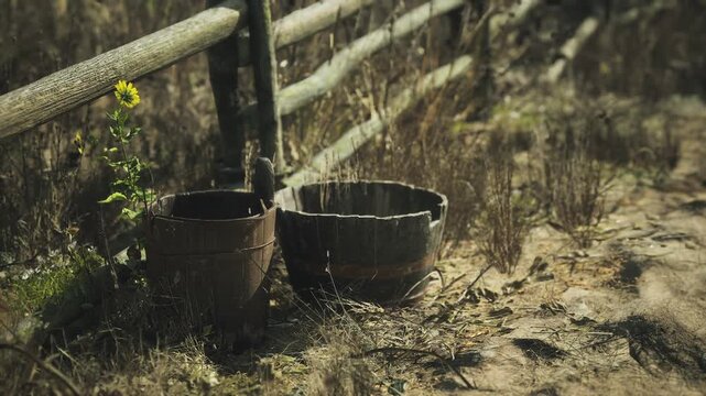 Two aged wooden buckets rest beside a rustic fence along a dusty path. Small plants grow nearby, showcasing the beauty of untamed nature in a serene outdoor setting.
