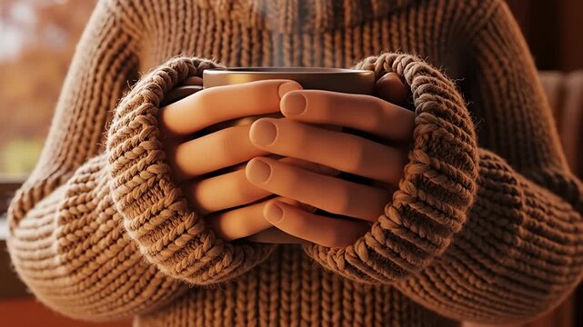 Close-up of hands in a cozy sweater holding a warm drink.