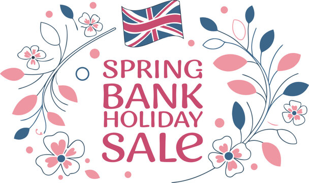 U K Spring Bank Holiday Sale Label with Floral Accents and Union Jack UK flag floral wreath