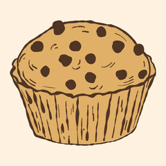 Cupcake Illustration. Muffin Bakery. Chocolate Chip Cupcake. Hand drawn bakery product