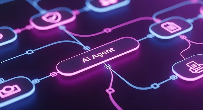 Artificial intelligence agent node network glowing in neon pink