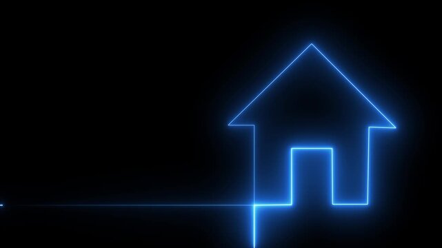 Simple blue neon home icon glowing on a dark background.
