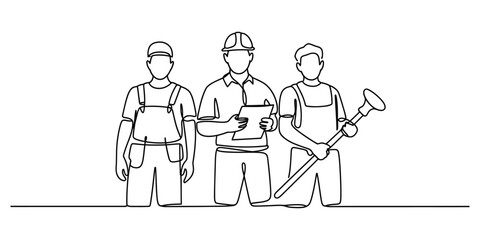 Continuous one line drawing of construction workers team