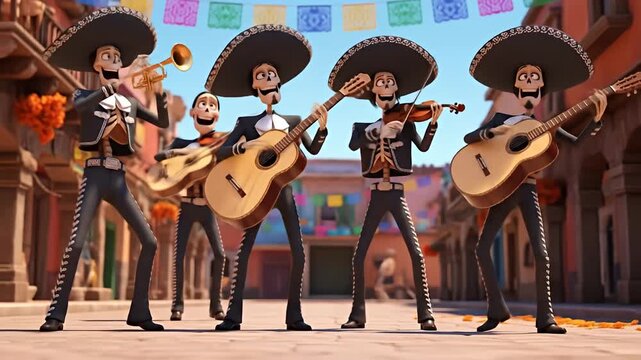 Animated Mariachi Band Performing in a Festive Mexican Town.