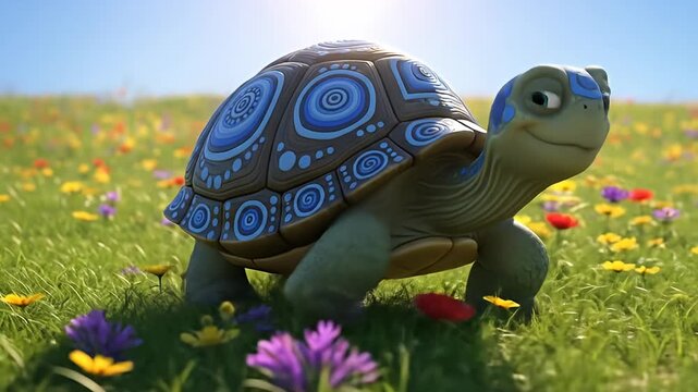 A charming animated tortoise with a patterned shell walks through a vibrant field of wildflowers under a bright sky.