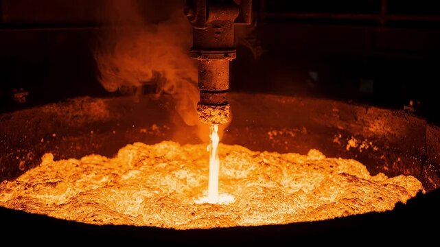 Medium shot of a glowing molten steel bath inside a basic oxygen furnace with a bright oxygen lance sharply in focus and blurred furnace walls in the background.