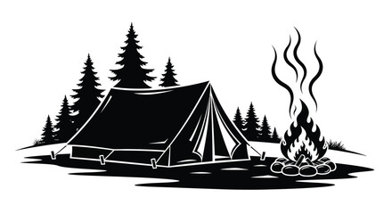 Camping scene with a tent campfire and pine trees in bold silhouette © Rita