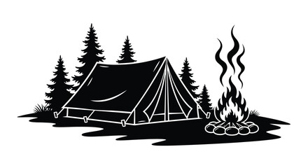Camping scene with a tent campfire and trees in a striking silhouette © Rita