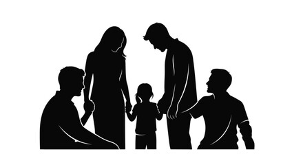 A family of four stands together depicted in a dark striking silhouette © Rita