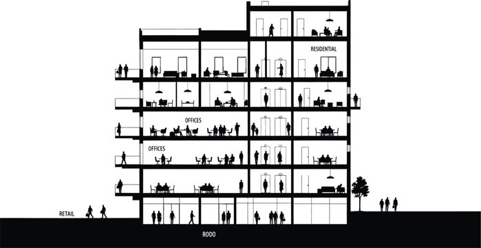 Building Section: Retail, Offices, Residential Floors with People - Urban Mixed-Use Development Illustration