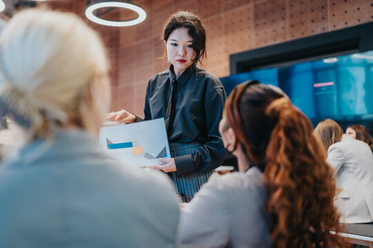 A female presenter shares a financial info graphic with colleagues in a modern office setting. The scene shows a group listening to a slide presentation in a contemporary workspace.
