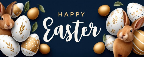 Fototapeta premium Happy Easter greeting with golden eggs and bunnies on dark blue background