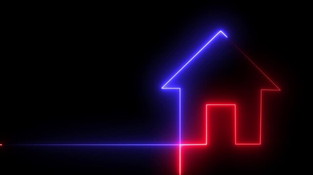 Simple blue neon home icon glowing on a dark background.