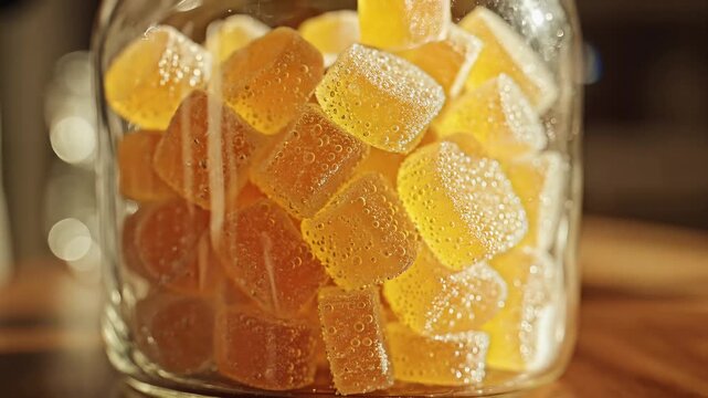 Close up of a glass jar filled with assorted golden sweet candies