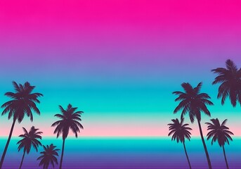 Fototapeta premium Syntwave paradise vibrant tropical landscape with palm trees silhouette
