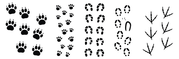 Fototapeta premium Animal Footprints Silhouettes, Paw Print and Wildlife Track Icons Featuring Dog Cat Bird Horse Deer in Clean Flat Vector Style