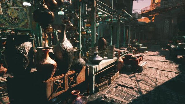 A bustling market features a variety of ornate pottery and handcrafted items arranged on wooden stalls. Sunlight casts shadows, enhancing the lively atmosphere of the setting.