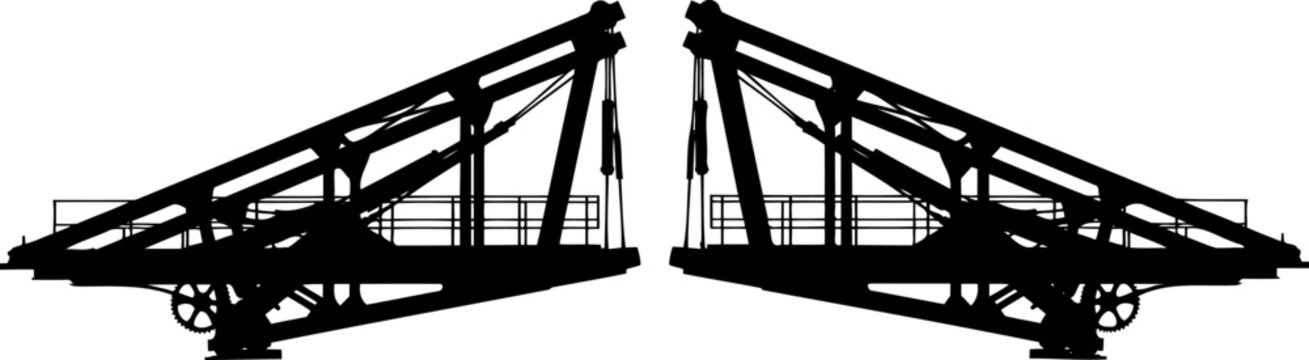 Industrial silhouette of a heavy metal drawbridge mechanism with gears and arms