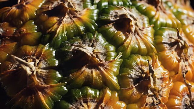 Close up of a ripe pineapple showing detailed texture and color