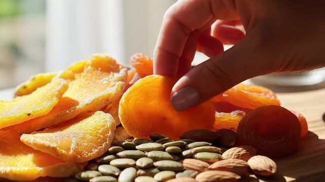 Close up of assorted dried fruits and nuts on a wooden surface with natural light