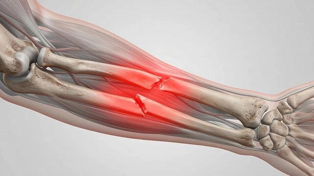 CloseUp View of Human Forearm Skeleton Showing a Severe Fracture in Radius and Ulna Bones with Red Inflammation Indicating Pain and Injury on a Light