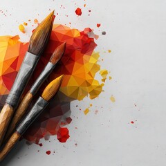 Vibrant Poly Geometric Close Up of Paintbrushes on Blank Canvas