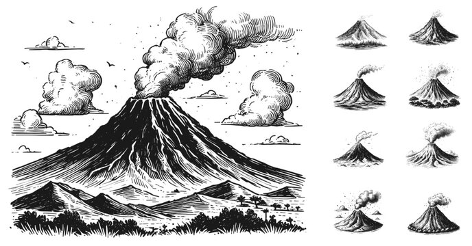 Set of volcano drawing sketch vector hand draw illustration svg