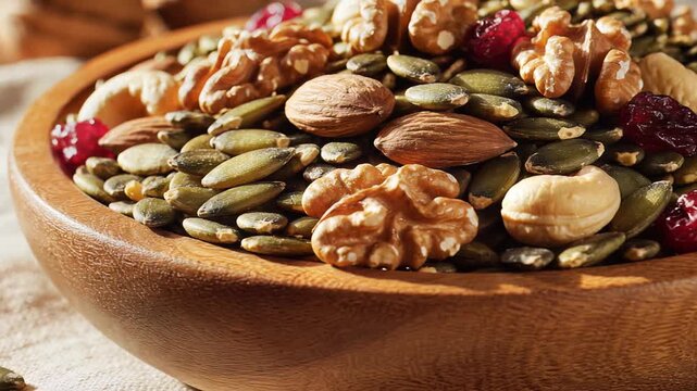 Close up of assorted nuts and seeds in a wooden bowl