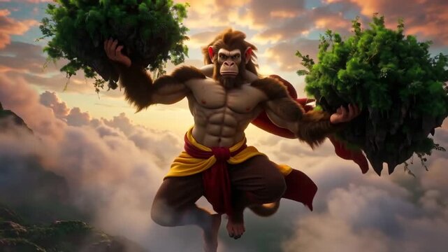 Hanuman Carrying Dronagiri Mountain. 3D Semi-Realistic Divine Artwork.