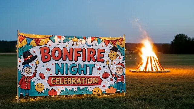 Bonfire Night Celebration with a Large Bonfire Burning in a Field at Dusk.