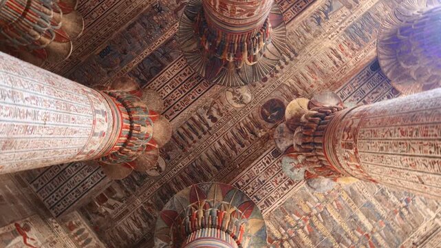 Egypt. Esna temple hypostyle hall with massive painted columns and colorful hieroglyphic reliefs on ceiling in Egypt, ancient Roman-era architecture with preserved pigments and carvings.