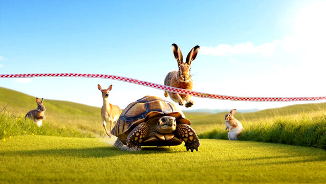 A turtle and a rabbit cross the finish line in a surprising race outcome