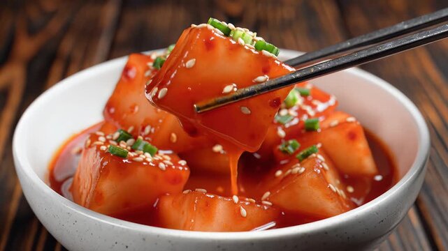Close up of food with chopsticks in a white bowl on a wooden surface