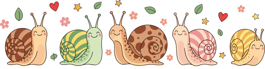 Cute Cartoon Snail Collection with Colorful Shells, Flowers, Leaves and Hearts for Kids Nature Vector Illustration © MdMunzurul