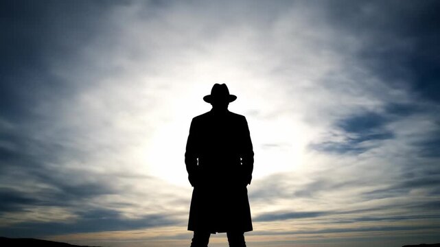 Silhouetted figure in a fedora and coat against cloudy sky and sun