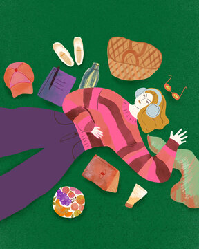 Woman lying on the grass, relaxing and listening to music, hand drawn illustration