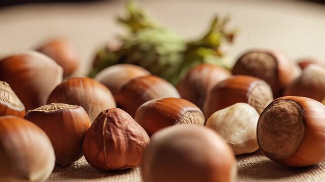 Close up of freshly harvested hazelnuts displaying natural textures